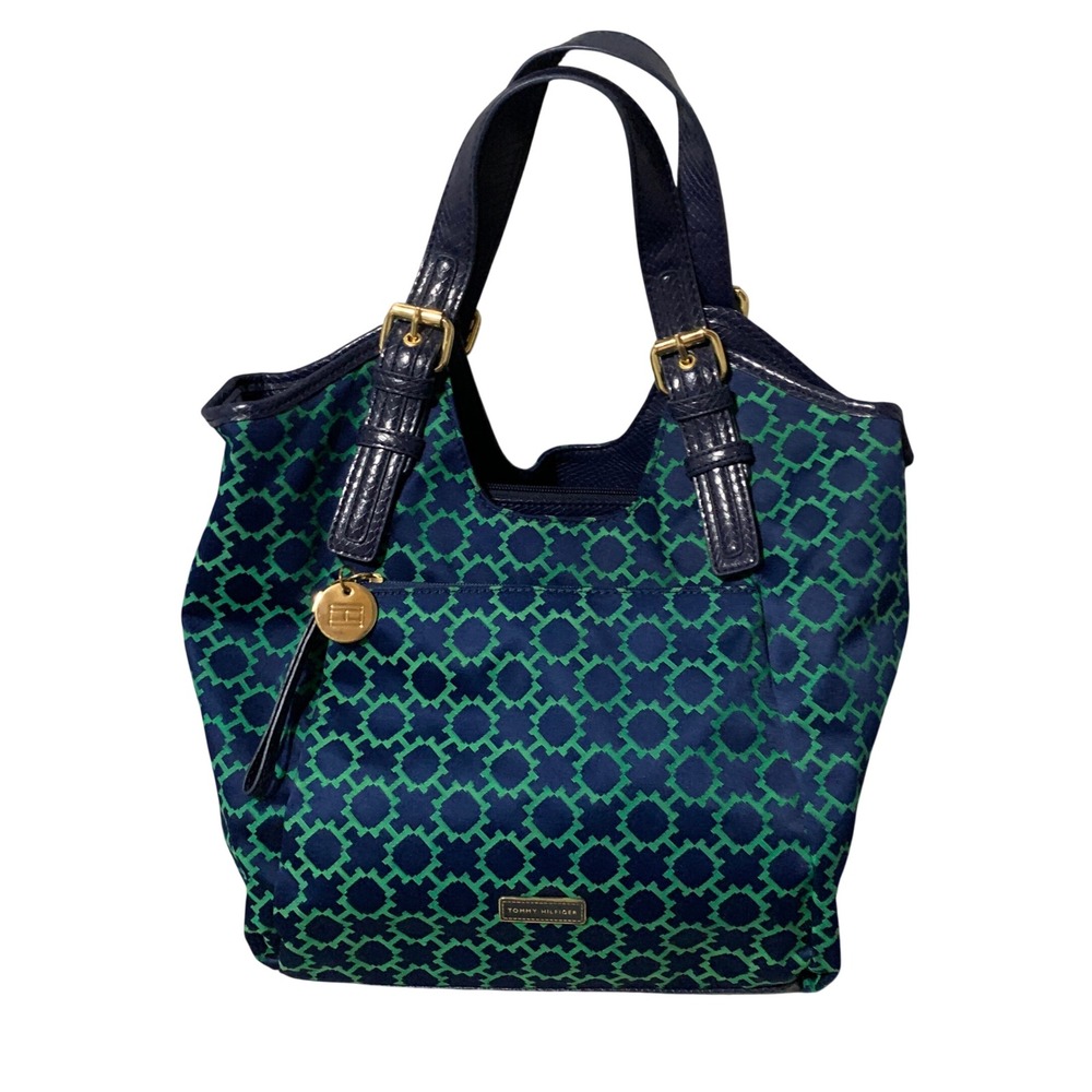 Tommy Hilfiger Navy Blue Green Monogram Jacquard Tote Bag Gold Hardware